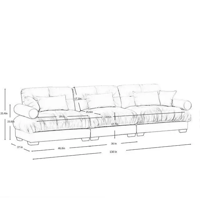 Alt view image 2 of 6 - 130" W Modular Sectional Sofa, Oversized 3-Seater Couch with Waist & Throw Pillows, Comfy Velvet Deep Seat Upholstered Sofa for Living Room, Apartment & Bedroom (Olive Green, 3-Seater)