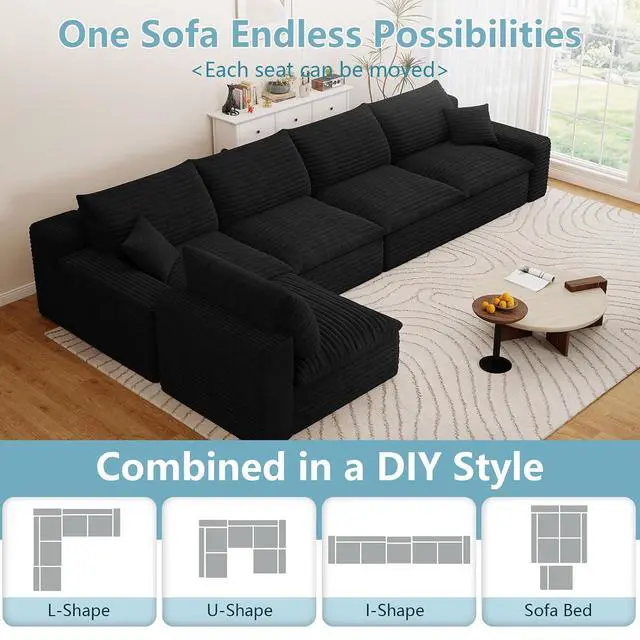 Alt view image 5 of 7 - 136" Oversized Cloud Sectional Couch with L-Shaped Chaise,5-Seater Corduroy Viral Boneless Sofa,Memory Foam Couches in a Box with Deep Seat for Living Room,No Assembly Required, Black