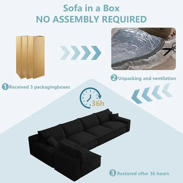 Alt view image 6 of 7 - 136" Oversized Cloud Sectional Couch with L-Shaped Chaise,5-Seater Corduroy Viral Boneless Sofa,Memory Foam Couches in a Box with Deep Seat for Living Room,No Assembly Required, Black