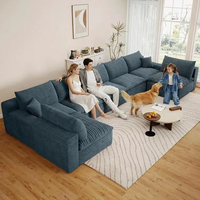 Alt view image 3 of 7 - 165" Oversized Cloud Sectional Couch with U-Shaped Chaise,7-Seater Corduroy Viral Boneless Sofa,Memory Foam Couches in a Box with Deep Seat for Living Room,No Assembly Required,Blue