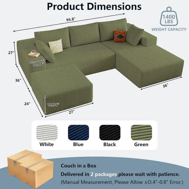 Alt view image 2 of 7 - 96" U Shaped Cloud Sectional Couch with Fluffy Corduroy, Deep Memory Foam Seats Sofa with 1 Ottoman for Living Room, No Assembly Required(Green,Right-Facing Chaise)