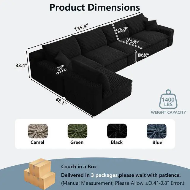 Alt view image 7 of 7 - 136" Oversized Cloud Sectional Couch with L-Shaped Chaise,5-Seater Corduroy Viral Boneless Sofa,Memory Foam Couches in a Box with Deep Seat for Living Room,No Assembly Required, Black
