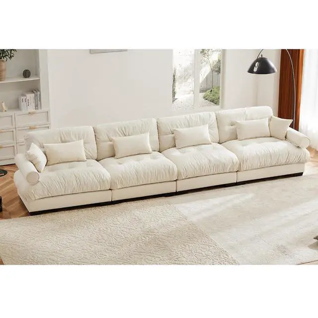 Main image of 166" Modular Sectional Sofa, Oversized 4-Seater Velvet Cloud Couch with Waist & Throw Pillows, Deep Seat Upholstered Sofa for Living Room, Bedroom & Small Spaces (Cream, 4-Seater)