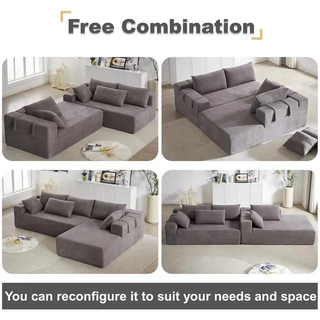 Alt view image 4 of 6 - 108" Modular Sectional Sofa, Convertible L-Shaped Couch with 6 Pillows, Modern Chenille 3-Seater Deep-Seated Cloud Couch for Living Room, No Assembly Required (Grey, Right-Facing Chaise)
