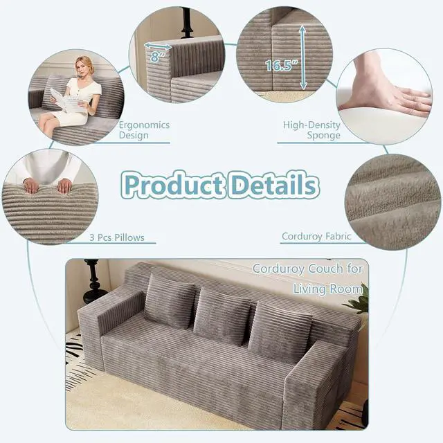 Alt view image 4 of 7 - 71"Cloud Loveseat Sofa,Modern 2-Seater Boneless Couch with 3 Pillows & Side Pocket,Soft Corduroy Love seat,Compressed Foam,Deep Seat,No Assembly for Living Room,Bedroom,Apartment(Flat Handrail,Camel)
