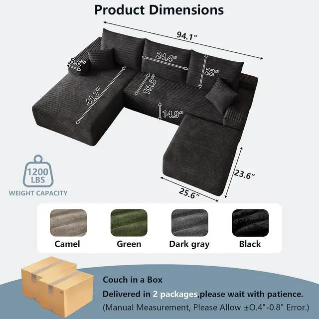 Alt view image 2 of 7 - 95" Cloud Sectional Couch with Ottoman,Modern U-Shaped Cloud Couch with Deep Seat,Comfy Corduroy 3-Seater Sofa,Memory Foam Sofa for Living Room,No Assembly (Black,Left-Facing Chaise)