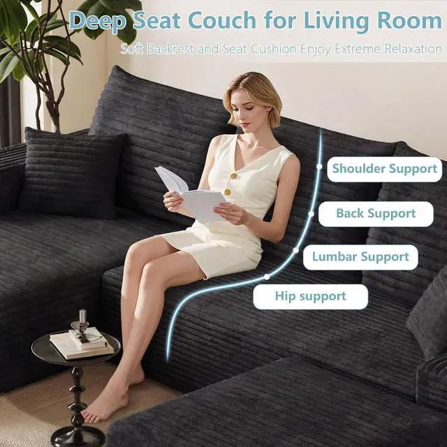 Alt view image 5 of 7 - 95" Cloud Sectional Couch with Ottoman,Modern U-Shaped Cloud Couch with Deep Seat,Comfy Corduroy 3-Seater Sofa,Memory Foam Sofa for Living Room,No Assembly (Black,Left-Facing Chaise)