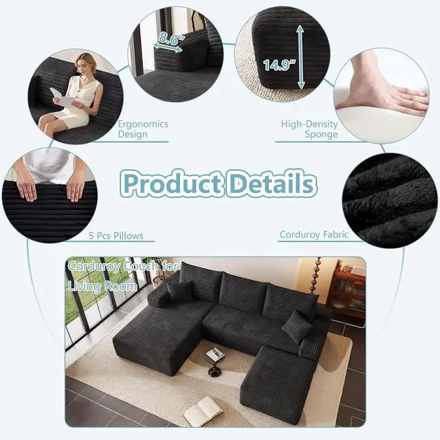 Alt view image 4 of 7 - 95" Cloud Sectional Couch with Ottoman,Modern U-Shaped Cloud Couch with Deep Seat,Comfy Corduroy 3-Seater Sofa,Memory Foam Sofa for Living Room,No Assembly (Black,Left-Facing Chaise)
