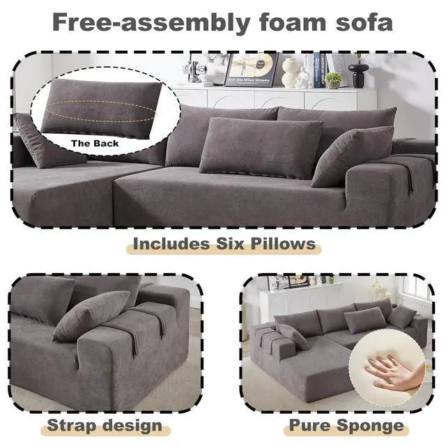 Alt view image 3 of 6 - 108" Modular Sectional Sofa, Convertible L-Shaped Couch with 6 Pillows, Modern Chenille 3-Seater Deep-Seated Cloud Couch for Living Room, No Assembly Required (Grey, Right-Facing Chaise)
