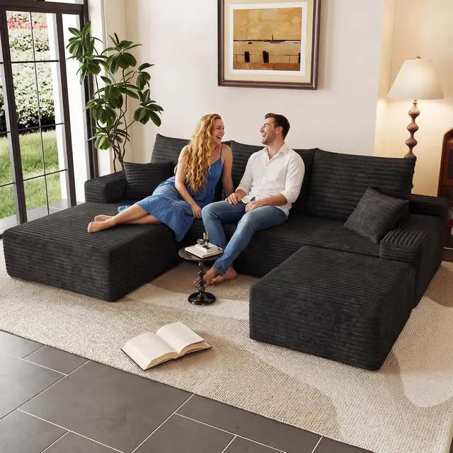 Alt view image 3 of 7 - 95" Cloud Sectional Couch with Ottoman,Modern U-Shaped Cloud Couch with Deep Seat,Comfy Corduroy 3-Seater Sofa,Memory Foam Sofa for Living Room,No Assembly (Black,Left-Facing Chaise)
