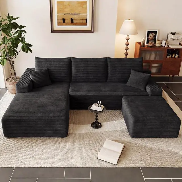 Alt view image 6 of 7 - 95" Cloud Sectional Couch with Ottoman,Modern U-Shaped Cloud Couch with Deep Seat,Comfy Corduroy 3-Seater Sofa,Memory Foam Sofa for Living Room,No Assembly (Black,Left-Facing Chaise)