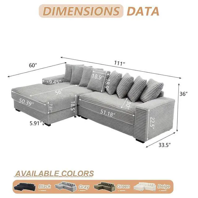 Alt view image 2 of 6 - 111" W Modular Sectional Sofa with 8 Pillows, Comfy Corduroy Cloud Couch with Chaise, L-Shaped Modern 3-Seater Sofa for Living Room or Apartment (Grey, Left-Facing Chaise)
