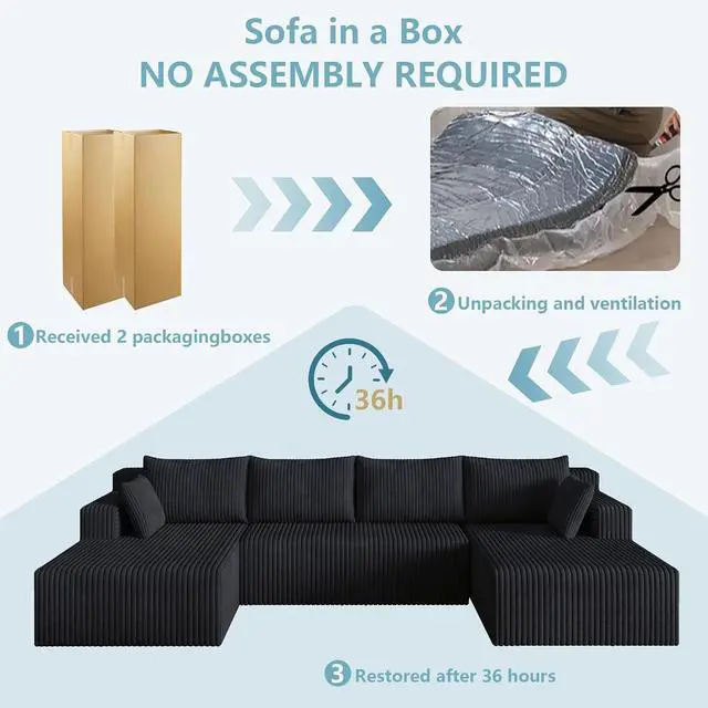 Alt view image 7 of 7 - 124" Cloud Sectional Couch,Modern U-Shaped Boneless Couch with Deep Seat,Comfy Corduroy 4-Seater Sofa,Memory Foam Sofa for Living Room,No Assembly Required (Black)