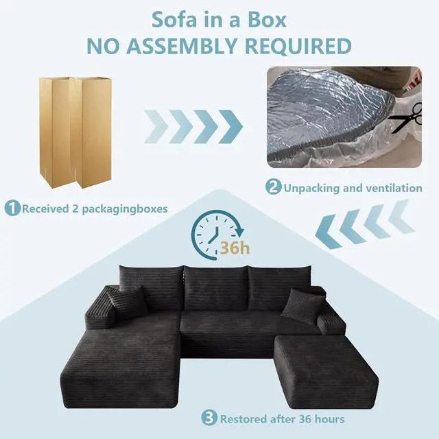 Alt view image 7 of 7 - 95" Cloud Sectional Couch with Ottoman,Modern U-Shaped Cloud Couch with Deep Seat,Comfy Corduroy 3-Seater Sofa,Memory Foam Sofa for Living Room,No Assembly (Black,Left-Facing Chaise)