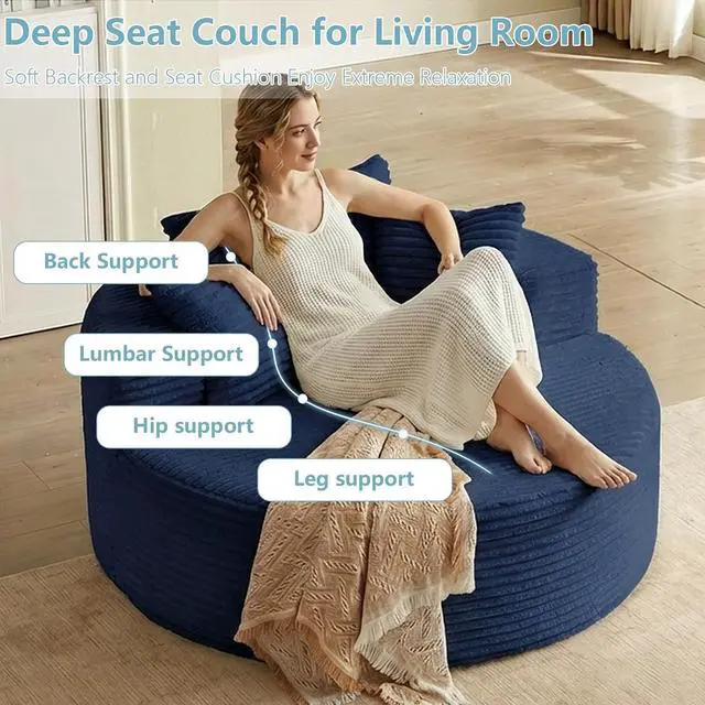 Alt view image 4 of 7 - 55'' Oversized Round Lounge Chaise Chair, Corduroy Upholstered Indoor Chaise, Cloud Circle Sleeper Sofa Bed for Reading, Living Room, Bedroom, Apartment, No Assembly Required, Blue