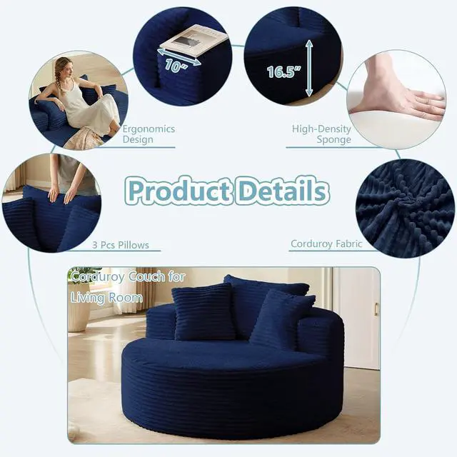Alt view image 7 of 7 - 55'' Oversized Round Lounge Chaise Chair, Corduroy Upholstered Indoor Chaise, Cloud Circle Sleeper Sofa Bed for Reading, Living Room, Bedroom, Apartment, No Assembly Required, Blue