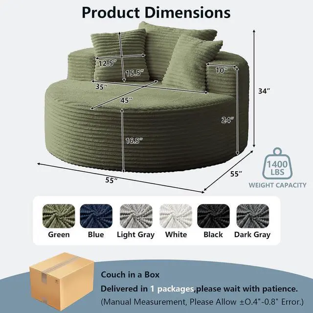 Alt view image 2 of 7 - 55'' Oversized Round Lounge Chaise Chair, Corduroy Upholstered Indoor Chaise, Cloud Circle Sleeper Sofa Bed for Reading, Living Room, Bedroom, Apartment, No Assembly Required, Green