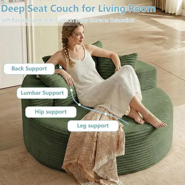 Alt view image 4 of 7 - 55'' Oversized Round Lounge Chaise Chair, Corduroy Upholstered Indoor Chaise, Cloud Circle Sleeper Sofa Bed for Reading, Living Room, Bedroom, Apartment, No Assembly Required, Green