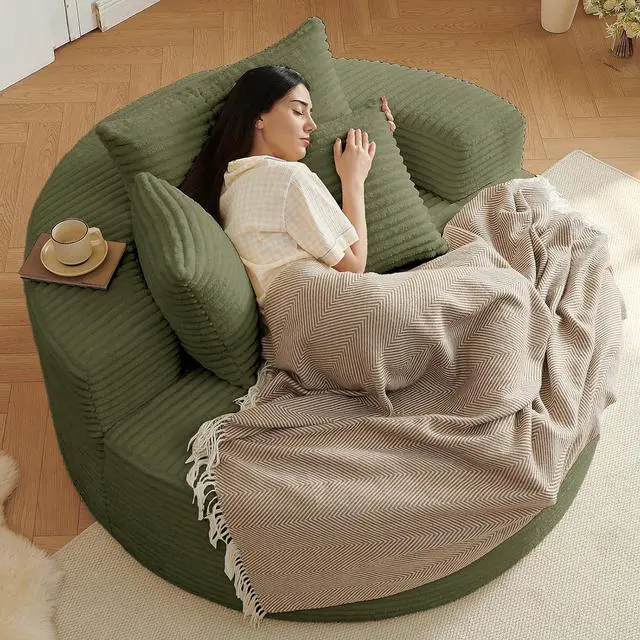 Alt view image 3 of 7 - 55'' Oversized Round Lounge Chaise Chair, Corduroy Upholstered Indoor Chaise, Cloud Circle Sleeper Sofa Bed for Reading, Living Room, Bedroom, Apartment, No Assembly Required, Green