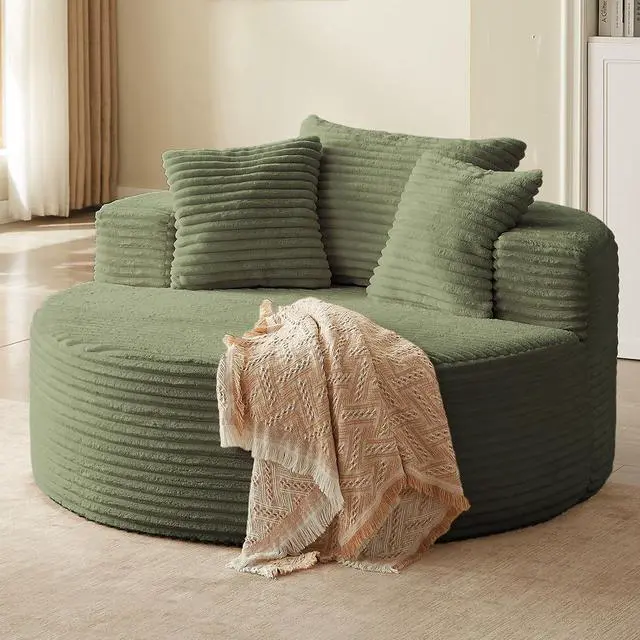 Alt view image 5 of 7 - 55'' Oversized Round Lounge Chaise Chair, Corduroy Upholstered Indoor Chaise, Cloud Circle Sleeper Sofa Bed for Reading, Living Room, Bedroom, Apartment, No Assembly Required, Green