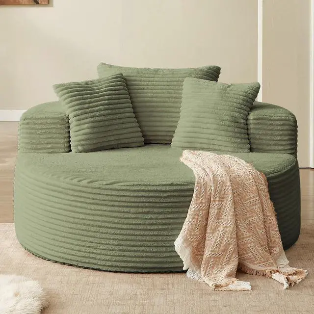 Main image of 55'' Oversized Round Lounge Chaise Chair, Corduroy Upholstered Indoor Chaise, Cloud Circle Sleeper Sofa Bed for Reading, Living Room, Bedroom, Apartment, No Assembly Required, Green