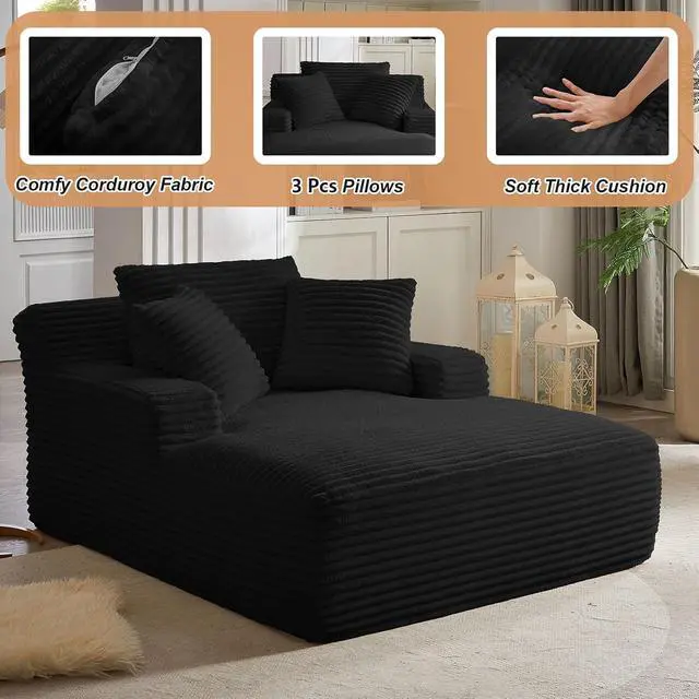 Alt view image 3 of 7 - 49.2" Oversized Chaise Lounge Chair Indoor,Corduroy Boneless Reading Chair with 3 Pillows,Deep Seat Cloud Sofa Bed,Comfy Modern Sleeper Chairs in Box for Living Room Bedroom,No Assembly(Black)