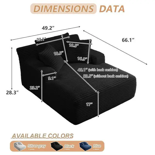 Alt view image 2 of 7 - 49.2" Oversized Chaise Lounge Chair Indoor,Corduroy Boneless Reading Chair with 3 Pillows,Deep Seat Cloud Sofa Bed,Comfy Modern Sleeper Chairs in Box for Living Room Bedroom,No Assembly(Black)