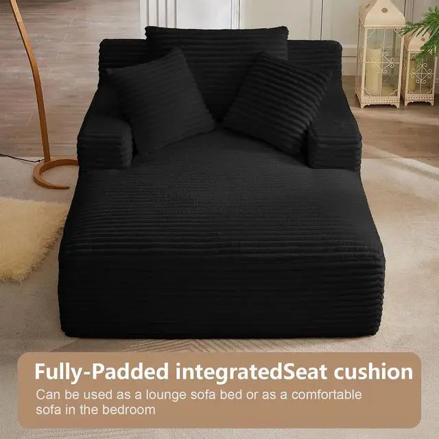 Alt view image 6 of 7 - 49.2" Oversized Chaise Lounge Chair Indoor,Corduroy Boneless Reading Chair with 3 Pillows,Deep Seat Cloud Sofa Bed,Comfy Modern Sleeper Chairs in Box for Living Room Bedroom,No Assembly(Black)