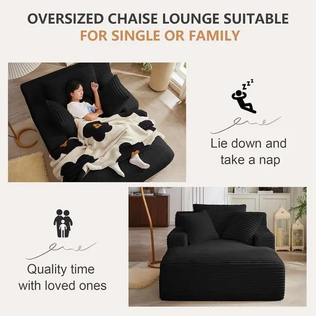 Alt view image 5 of 7 - 49.2" Oversized Chaise Lounge Chair Indoor,Corduroy Boneless Reading Chair with 3 Pillows,Deep Seat Cloud Sofa Bed,Comfy Modern Sleeper Chairs in Box for Living Room Bedroom,No Assembly(Black)