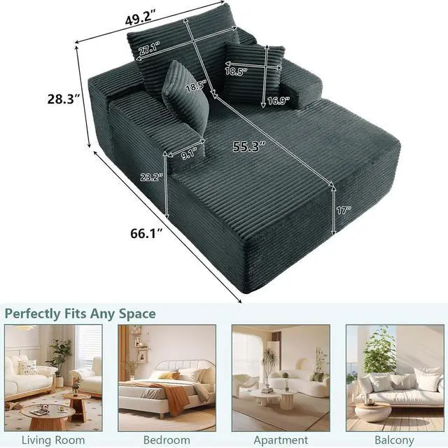 Alt view image 2 of 7 - 50"Oversized Chaise Lounge Chair Indoor,Corduroy Boneless Reading Chair with 3 Pillows,Deep Seat Cloud Sofa Bed,Comfy Modern Sleeper Chairs in Box for Living Room Bedroom,No Assembly(Dark Grey)