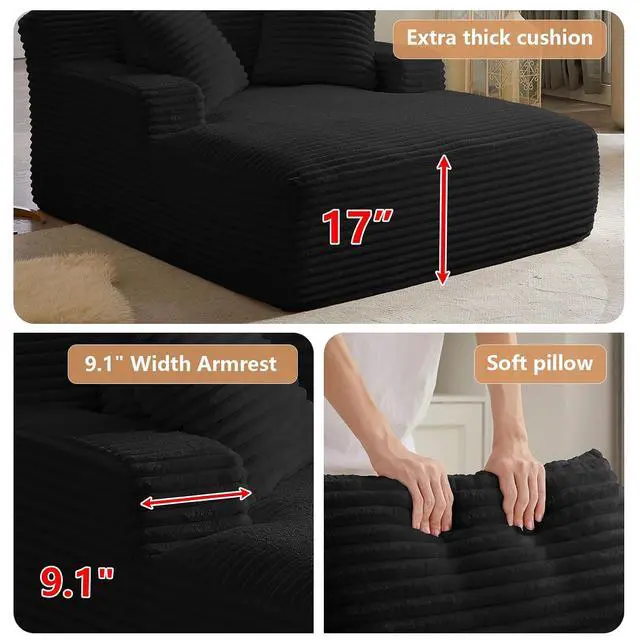Alt view image 4 of 7 - 49.2" Oversized Chaise Lounge Chair Indoor,Corduroy Boneless Reading Chair with 3 Pillows,Deep Seat Cloud Sofa Bed,Comfy Modern Sleeper Chairs in Box for Living Room Bedroom,No Assembly(Black)