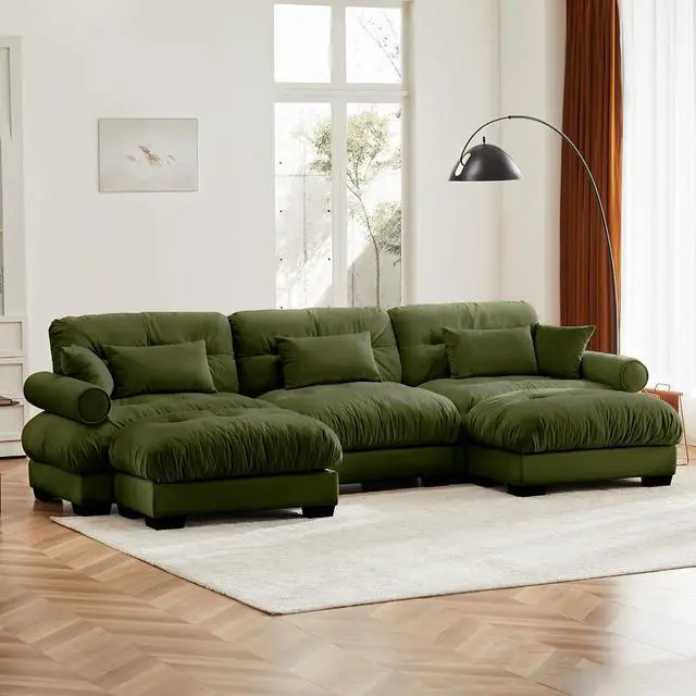 Alt view image 6 of 6 - 130" Modular Sectional Sofa with 2 Ottomans,Oversized 3-Seater Couch with Waist & Throw Pillows,Comfy Velvet Deep Seat Upholstered Sofa for Living Room,Bedroom(Olive Green, 3-Seater with Ottomans)