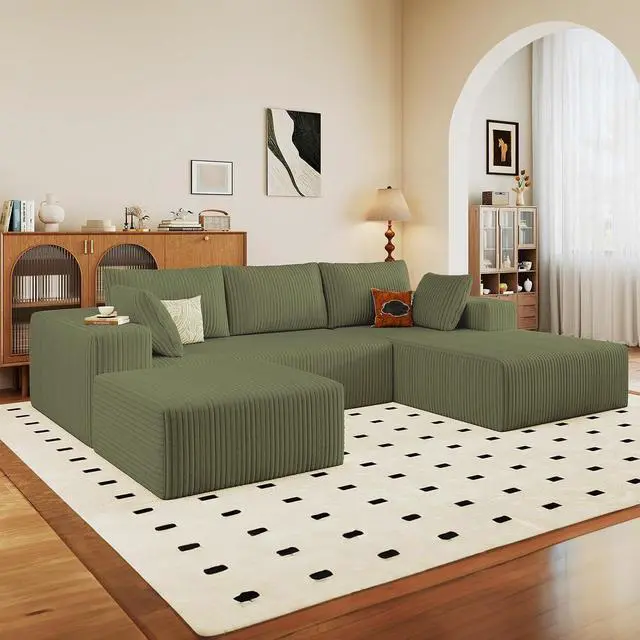 Alt view image 7 of 7 - 96" U Shaped Cloud Sectional Couch with Fluffy Corduroy, Deep Memory Foam Seats Sofa with 1 Ottoman for Living Room, No Assembly Required(Green,Right-Facing Chaise)