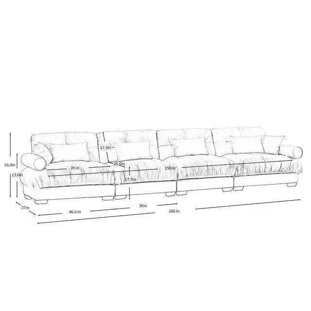 Alt view image 2 of 6 - 166" Modular Sectional Sofa, Oversized 4-Seater Velvet Cloud Couch with Waist & Throw Pillows, Deep Seat Upholstered Sofa for Living Room, Bedroom & Small Spaces (Olive Green, 4-Seater)