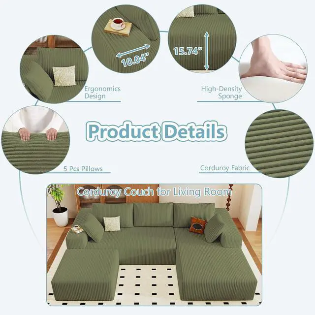 Alt view image 4 of 7 - 96" U Shaped Cloud Sectional Couch with Fluffy Corduroy, Deep Memory Foam Seats Sofa with 1 Ottoman for Living Room, No Assembly Required(Green,Right-Facing Chaise)