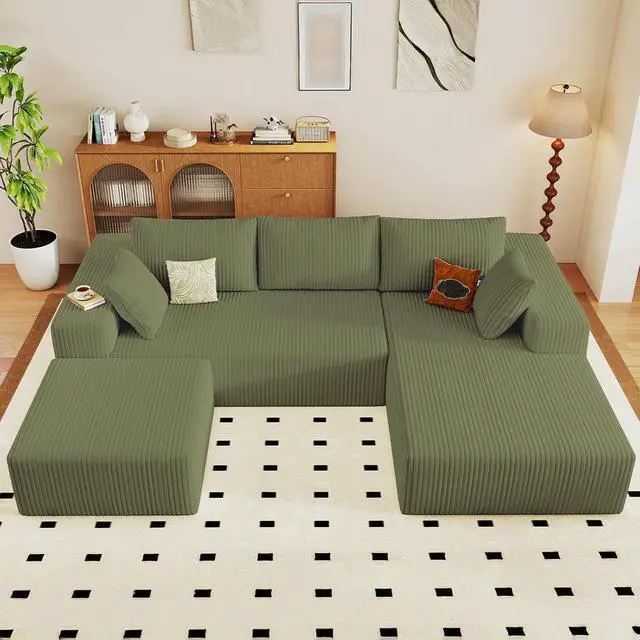 Alt view image 3 of 7 - 96" U Shaped Cloud Sectional Couch with Fluffy Corduroy, Deep Memory Foam Seats Sofa with 1 Ottoman for Living Room, No Assembly Required(Green,Right-Facing Chaise)