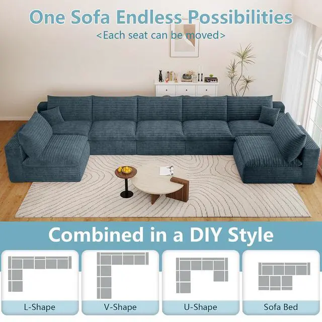 Alt view image 4 of 7 - 165" Oversized Cloud Sectional Couch with U-Shaped Chaise,7-Seater Corduroy Viral Boneless Sofa,Memory Foam Couches in a Box with Deep Seat for Living Room,No Assembly Required,Blue