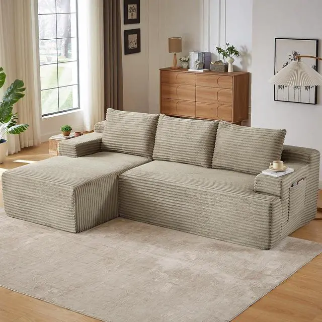 Alt view image 3 of 7 - 96" Boneless Couches for Living Room,Cloud Sectional Couch with L-Shape Chaise, Modular Corduroy Memory Foam Sofa with Deep Seat for Apartment, No Assembly Required(Camel,Left-Facing Chaise)