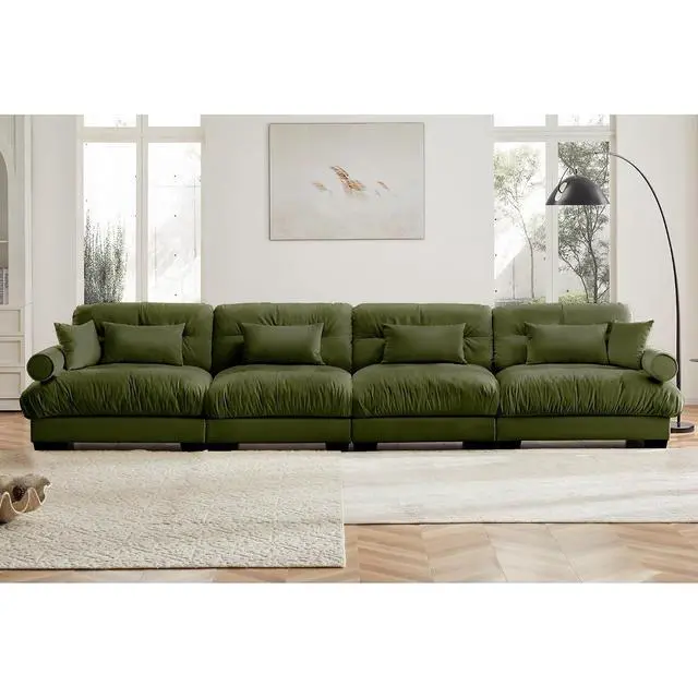 Alt view image 3 of 6 - 166" Modular Sectional Sofa, Oversized 4-Seater Velvet Cloud Couch with Waist & Throw Pillows, Deep Seat Upholstered Sofa for Living Room, Bedroom & Small Spaces (Olive Green, 4-Seater)