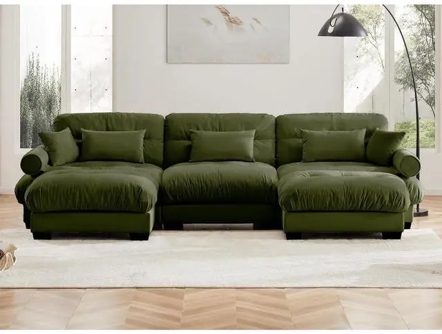 Alt view image 3 of 6 - 130" Modular Sectional Sofa with 2 Ottomans,Oversized 3-Seater Couch with Waist & Throw Pillows,Comfy Velvet Deep Seat Upholstered Sofa for Living Room,Bedroom(Olive Green, 3-Seater with Ottomans)