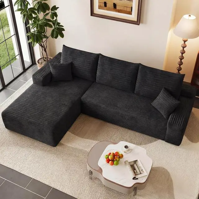Alt view image 6 of 7 - 95" Cloud Sectional Couch with L-Shape Chaise, Modern Corduroy Boneless Couch for Living Room,Memory Foam Sofa with Deep Seat,No Assembly Required (Black,Left-Facing Chaise)