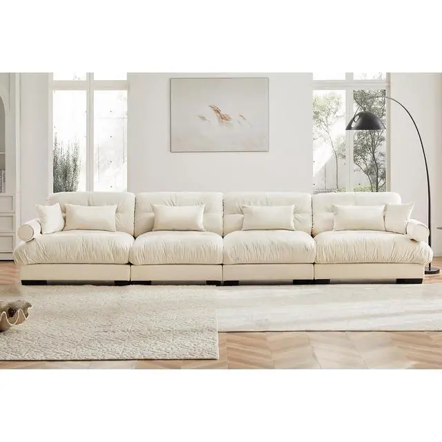 Alt view image 3 of 6 - 166" Modular Sectional Sofa, Oversized 4-Seater Velvet Cloud Couch with Waist & Throw Pillows, Deep Seat Upholstered Sofa for Living Room, Bedroom & Small Spaces (Cream, 4-Seater)