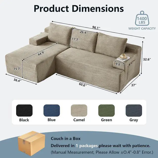Alt view image 2 of 7 - 96" Boneless Couches for Living Room,Cloud Sectional Couch with L-Shape Chaise, Modular Corduroy Memory Foam Sofa with Deep Seat for Apartment, No Assembly Required(Camel,Left-Facing Chaise)