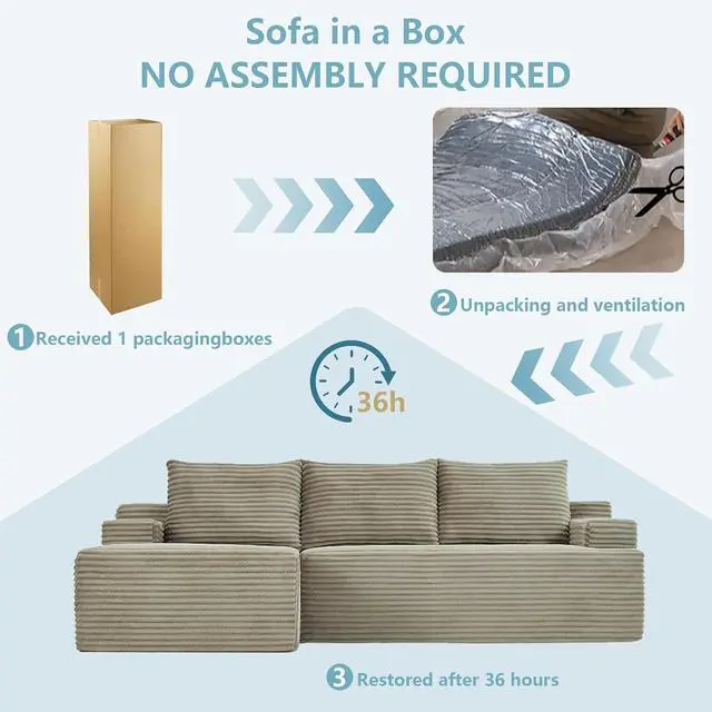 Alt view image 6 of 7 - 96" Boneless Couches for Living Room,Cloud Sectional Couch with L-Shape Chaise, Modular Corduroy Memory Foam Sofa with Deep Seat for Apartment, No Assembly Required(Camel,Left-Facing Chaise)