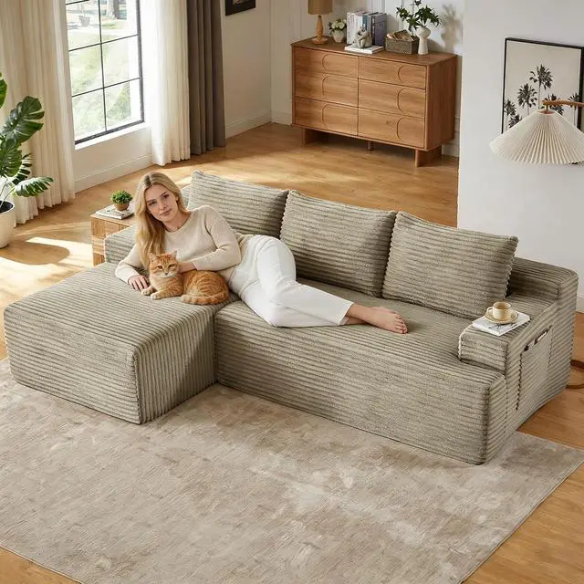 Main image of 96" Boneless Couches for Living Room,Cloud Sectional Couch with L-Shape Chaise, Modular Corduroy Memory Foam Sofa with Deep Seat for Apartment, No Assembly Required(Camel,Left-Facing Chaise)