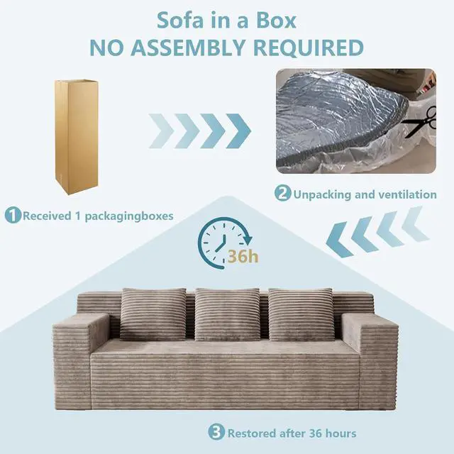 Alt view image 5 of 7 - 71"Cloud Loveseat Sofa,Modern 2-Seater Boneless Couch with 3 Pillows & Side Pocket,Soft Corduroy Love seat,Compressed Foam,Deep Seat,No Assembly for Living Room,Bedroom,Apartment(Flat Handrail,Camel)