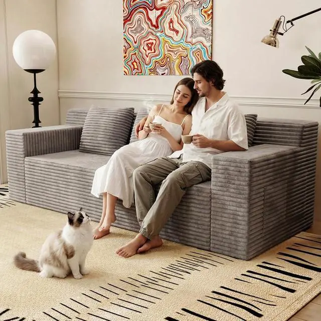 Alt view image 6 of 7 - 71"Cloud Loveseat Sofa,Modern 2-Seater Boneless Couch with 3 Pillows & Side Pocket,Soft Corduroy Love seat,Compressed Foam,Deep Seat,No Assembly for Living Room,Bedroom,Apartment(Flat Handrail,Camel)
