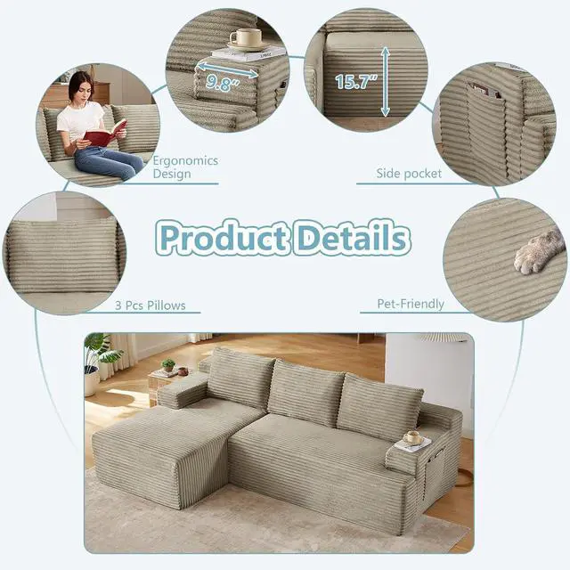 Alt view image 5 of 7 - 96" Boneless Couches for Living Room,Cloud Sectional Couch with L-Shape Chaise, Modular Corduroy Memory Foam Sofa with Deep Seat for Apartment, No Assembly Required(Camel,Left-Facing Chaise)