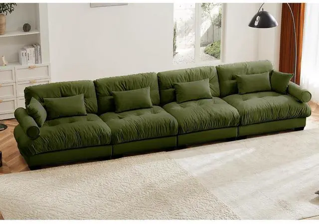 Main image of 166" Modular Sectional Sofa, Oversized 4-Seater Velvet Cloud Couch with Waist & Throw Pillows, Deep Seat Upholstered Sofa for Living Room, Bedroom & Small Spaces (Olive Green, 4-Seater)