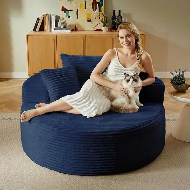 Alt view image 3 of 7 - 55'' Oversized Round Lounge Chaise Chair, Corduroy Upholstered Indoor Chaise, Cloud Circle Sleeper Sofa Bed for Reading, Living Room, Bedroom, Apartment, No Assembly Required, Blue